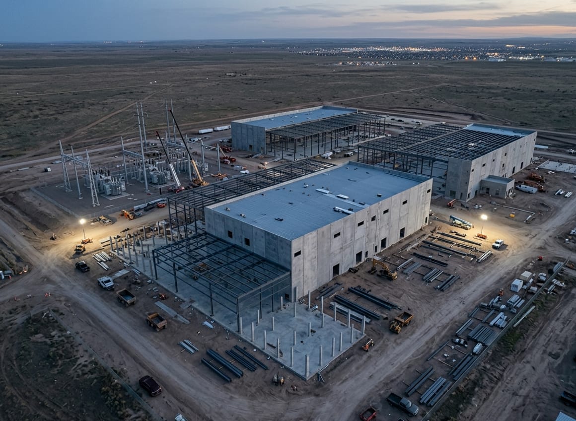 A data center under construction at blue hour: structural steel erected, cladding underway, site lit and crews working into dusk.