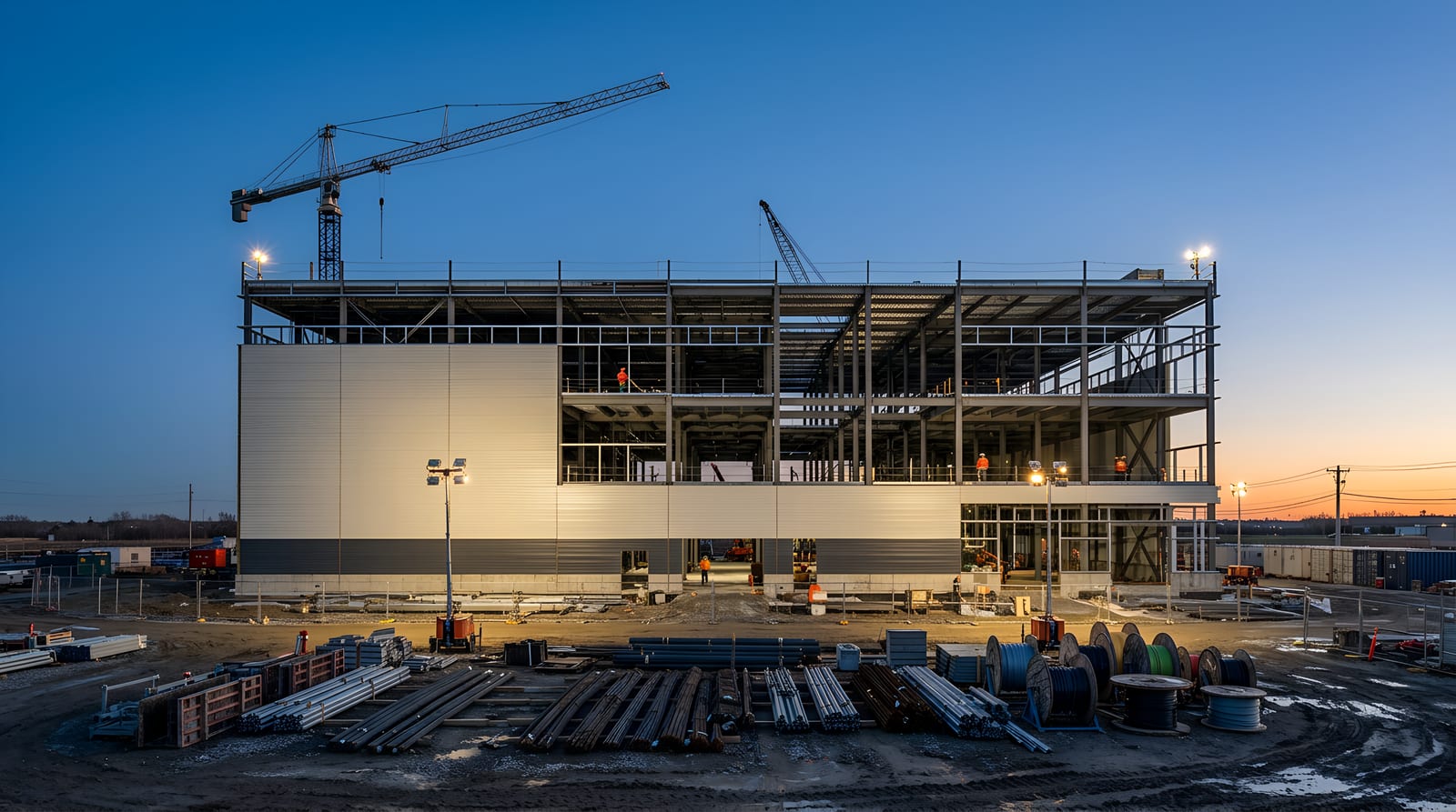 A building under construction at blue hour: structural steel erected, insulated panel cladding part-installed, tower crane overhead, material laid out across the site, and crews in hi-vis working under lights into dusk.