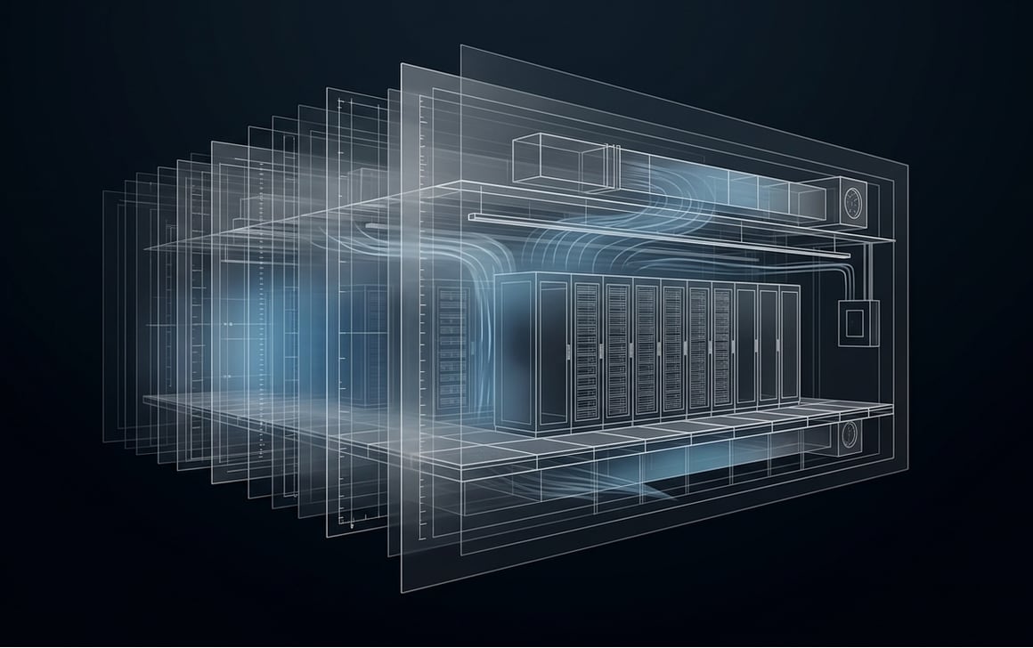 A technical wireframe render of a high-density data hall, its racks and airflow modeled as a single engineered system.