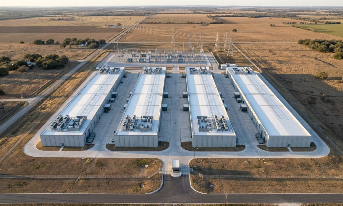 An aerial view of an operating data center campus at golden hour: rows of high-density halls fed by an on-site substation and transmission lines.