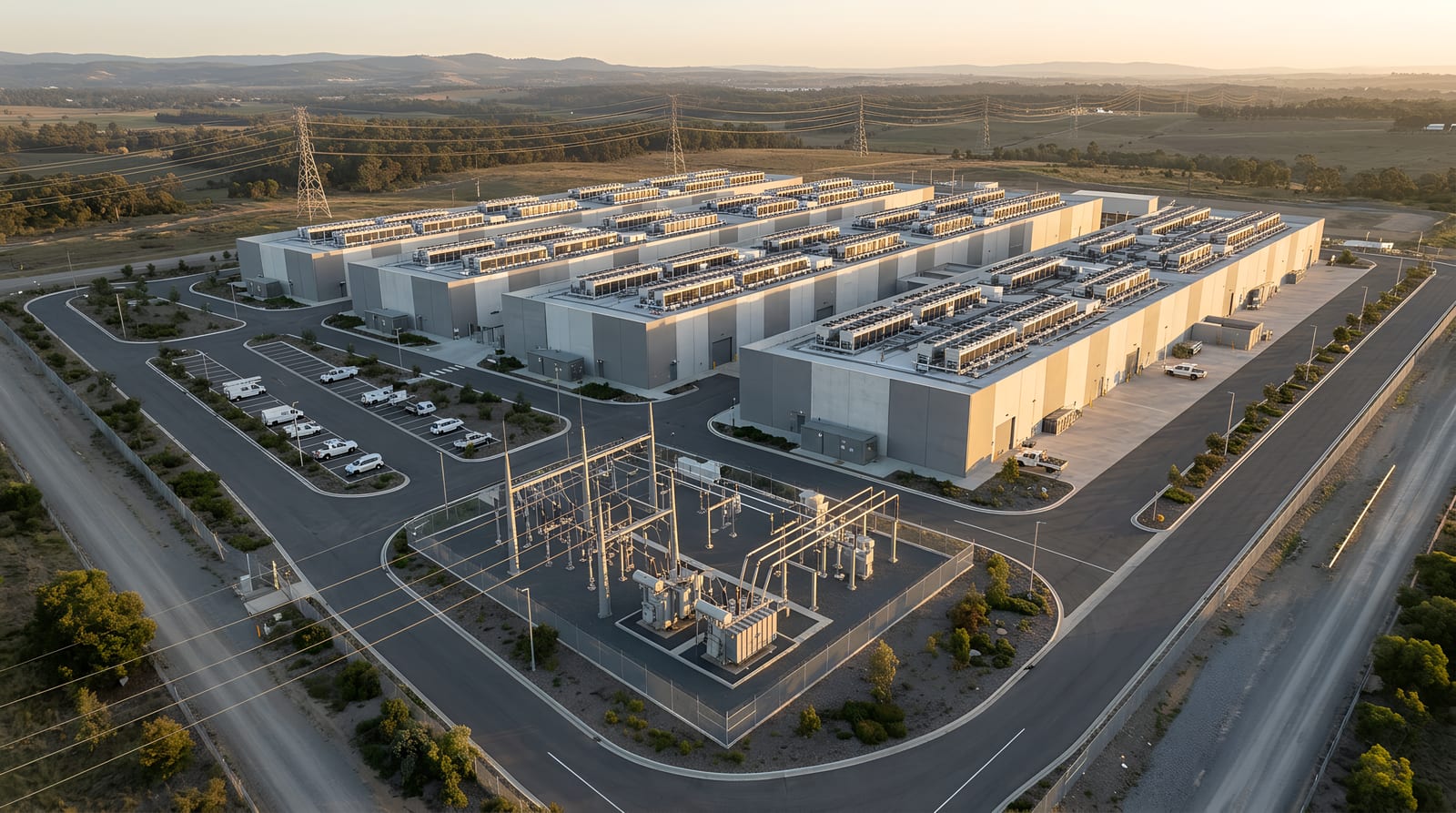 An aerial view of an operating data center campus at golden hour: rows of high-density halls fed by an on-site substation and transmission lines.