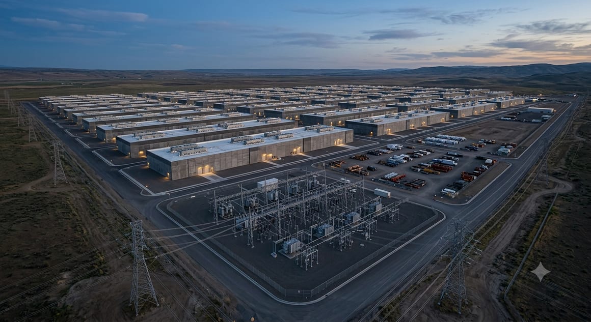 An operating hyperscale data center campus at dusk: rows of high-density halls behind an on-site substation, lit at twilight.