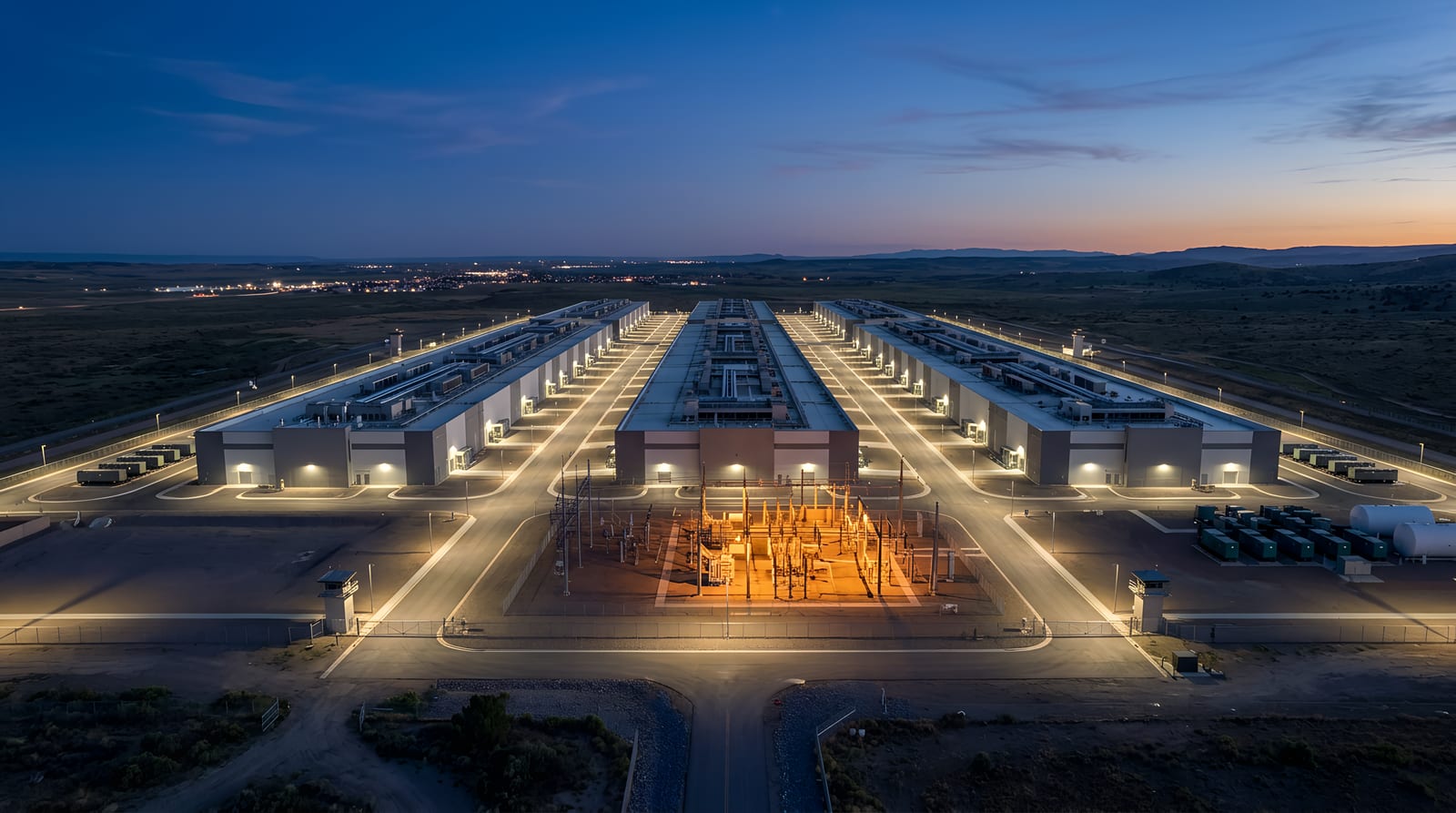 An operating hyperscale data center campus at dusk: rows of high-density halls behind an on-site substation, lit at twilight.