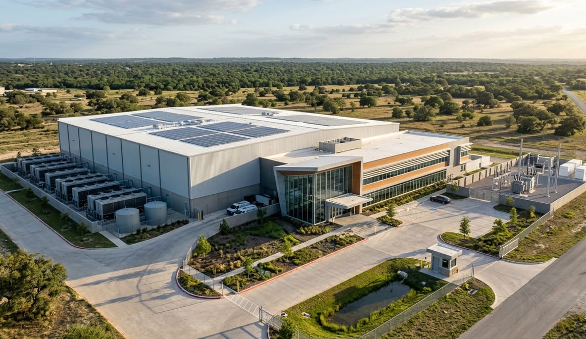 An operating data center at golden hour with a row of onsite generators alongside the building, fed by landscaped grounds and access roads.