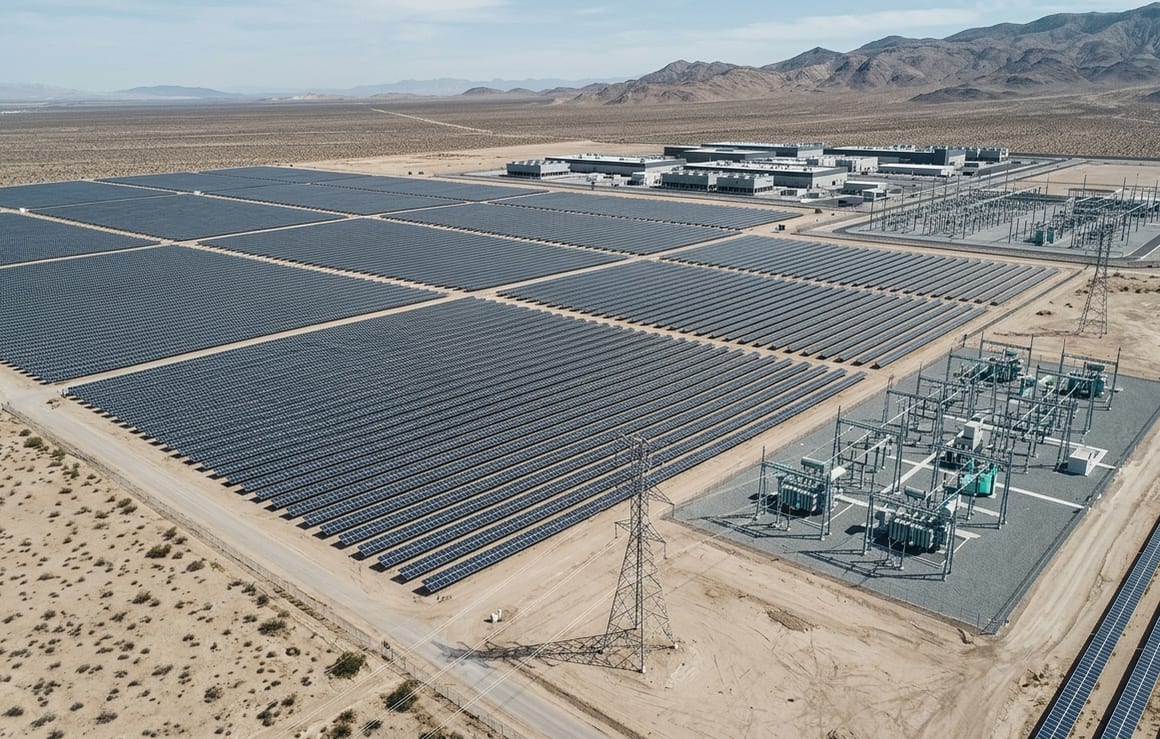 Aerial view of an integrated energy and compute park: a utility-scale solar array and battery storage feeding a substation beside data center halls.