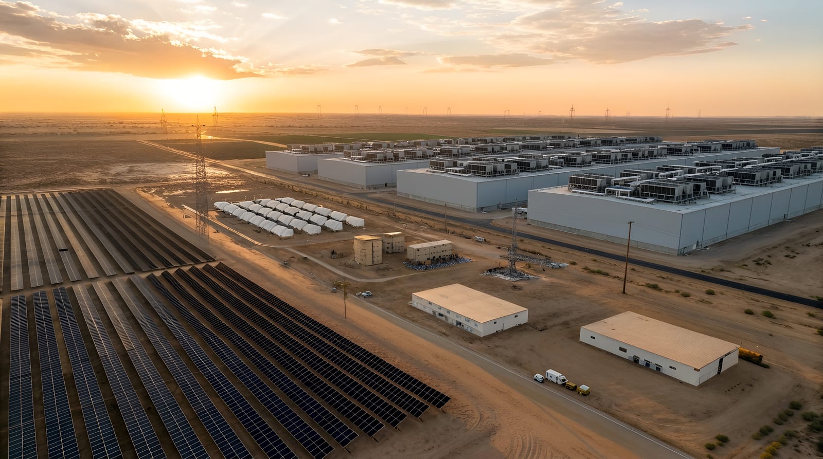 Aerial view of an integrated energy and compute park: a utility-scale solar array and battery storage feeding a substation beside data center halls.