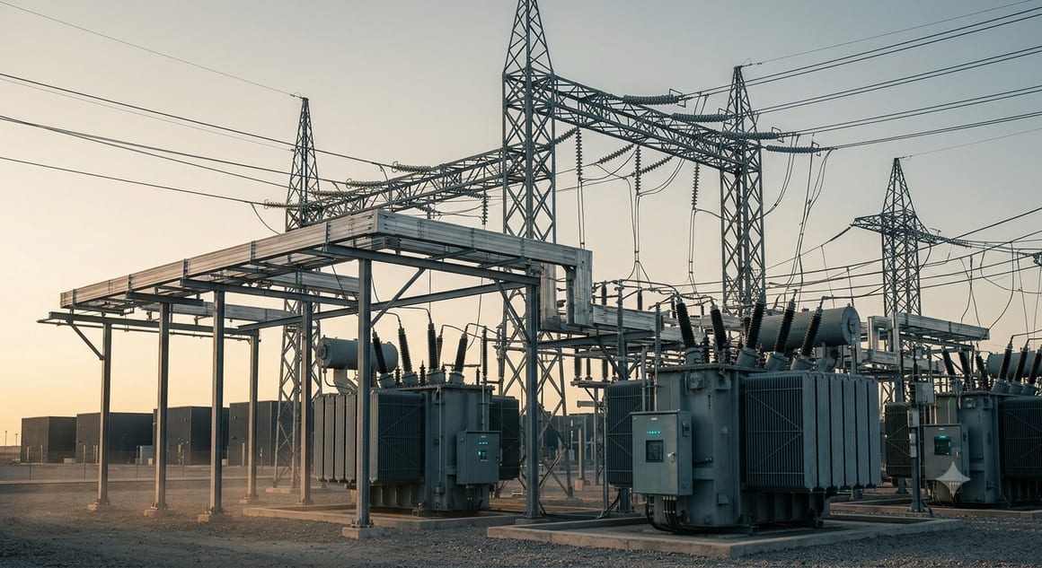 A high-voltage electrical substation at golden hour: transformers, switchgear, and transmission gantries delivering grid power.