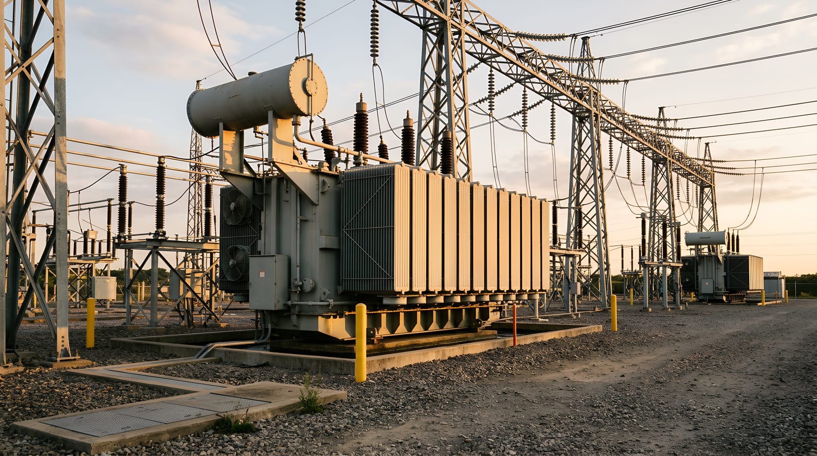 A high-voltage electrical substation at golden hour: transformers, switchgear, and transmission gantries delivering grid power.